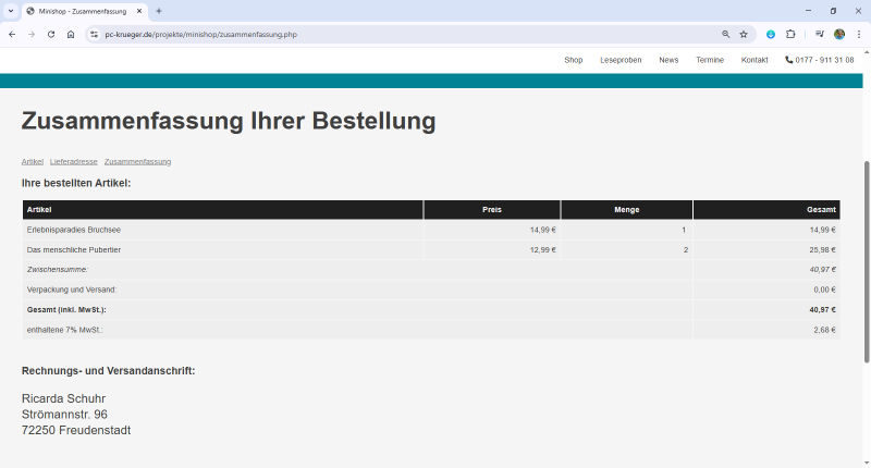 Minishop - Zusammenfassung der Bestellung inkl. aller Kosten