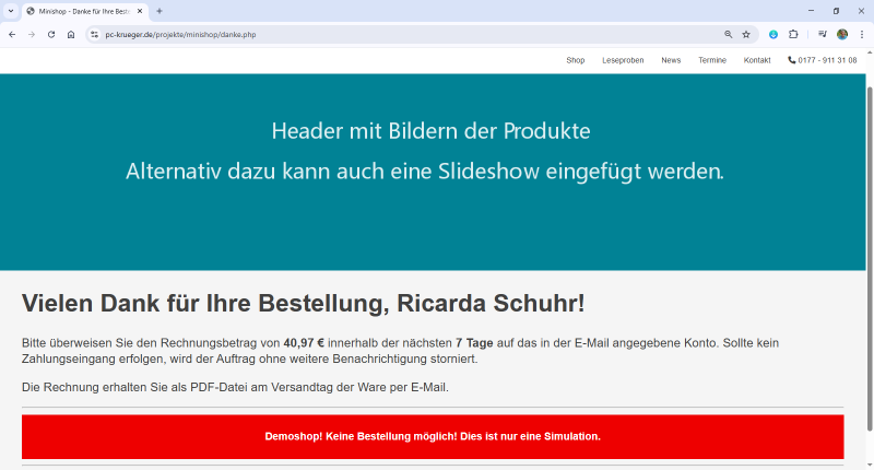 Minishop - Kaufbestätigung mit persönlicher Anrede